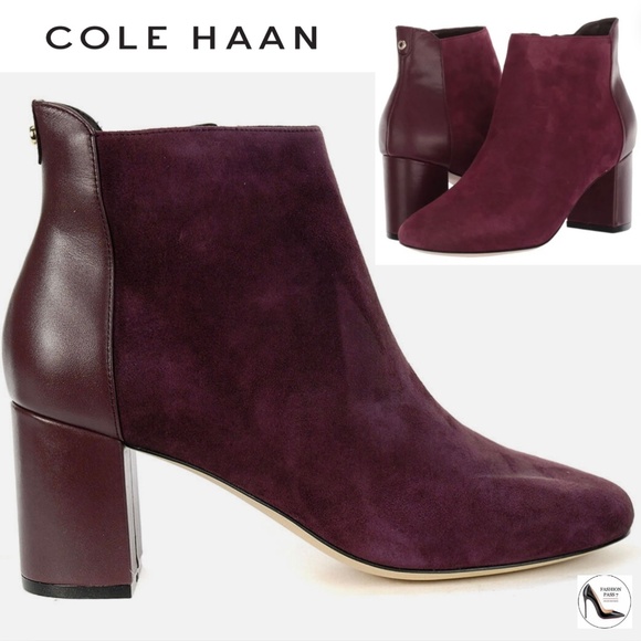Cole Haan Nella Winetesting Suede Ankle Bootie Block Heel Bordo Leather Boot 6.5 - Picture 1 of 14